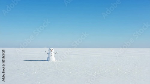 Cute snowman in snowy landscape under clear blue sky – minimalist winter concept  