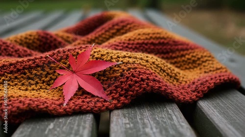 Knitted autumn fabric with red maple leaf on rustic wooden table — cozy seasonal background