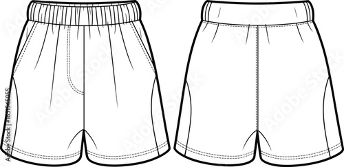 shorts front and back view, cad drawing flat vector illustration, elastic waistband, side pockets, curved crotch seam, central back seam, casual garment construction, apparel design template
