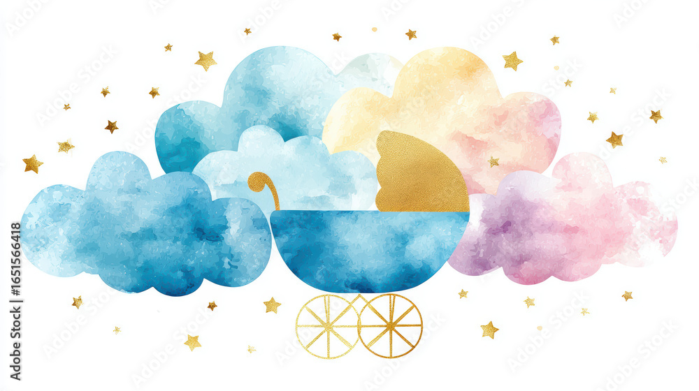 Obraz premium A whimsical watercolor illustration of a baby carriage surrounded by fluffy clouds and stars, evoking a dreamy and magical atmosphere.