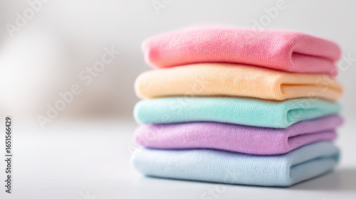A neat stack of colorful socks in pastel shades arranged harmoniously, showcasing a soft and cozy aesthetic.
