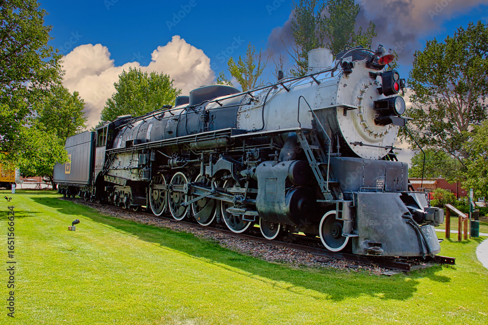 Naklejka premium Chicago, Burlington and Quincy Railroad 4-8-4 Steam Locomotive #5633 on Display at the Douglas Railroad Interpretive Museum at the Locomotive Park in Douglas Wyoming.
