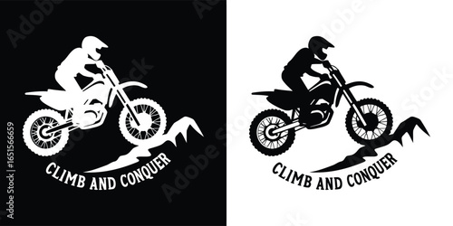 Motocross rider on a dirt bike with mountains and the text climb and conquer, black and white graphic