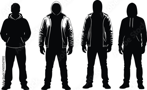 Four people wearing hooded clothing silhouettes, front view, hoodie and jacket styles, streetwear fashion and anonymity concept vector graphic illustration