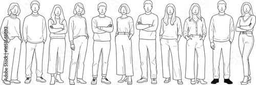 Eleven people standing side by side line art, casual poses and clothing, group dynamics and social interaction concept vector graphic illustration