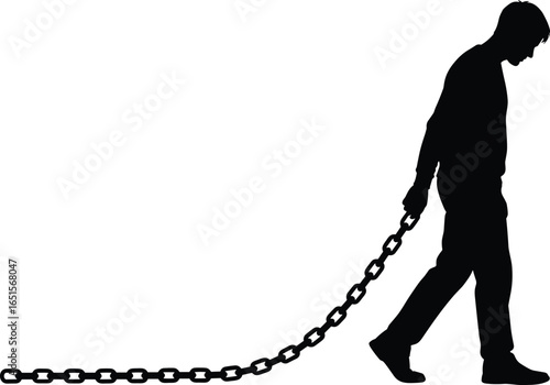 Person dragging chain silhouette, side profile figure with bowed head, burden and constraint concept icon, oppression and struggle vector graphic illustration