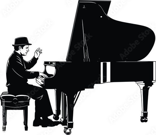 Person playing grand piano silhouette, pianist in action wearing hat, music performance and concert concept, musical instrument vector graphic illustration