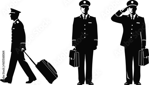 Airline crew silhouette, pilot and flight attendant uniform, walking with suitcase, saluting officer, aviation staff vector, airport personnel graphic, travel industry illustration