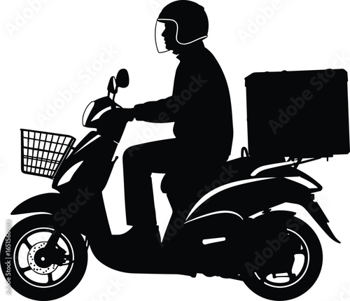 Scooter delivery silhouette, helmeted rider carrying rear box and front basket, transport and logistics icon, courier service vector, urban mobility graphic