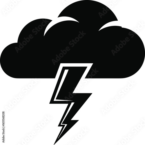 Storm cloud with lightning vector illustration, black silhouette weather icon, thunderstorm and electric bolt symbol, climate hazard graphic design