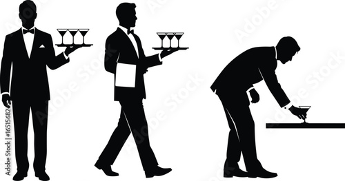 Three waiter silhouettes in different poses, holding trays and serving drinks, hospitality service industry concept, restaurant staff actions vector graphic illustration