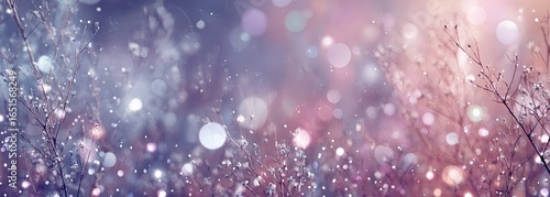 Delicate winter plants with glistening water droplets, bathed in soft, pastel light