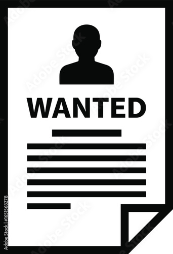 Wanted poster silhouette, black and white crime icon, missing person template vector, law enforcement notice graphic, western style reward sign, investigation symbol illustration