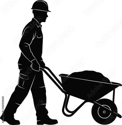 Construction worker silhouette, hard hat laborer pushing wheelbarrow with materials, manual work icon, building site vector, industrial job graphic illustration