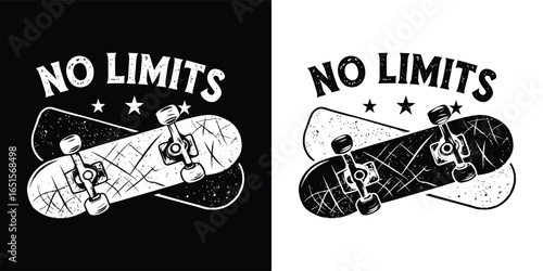 Graphic design of a skateboard with the text no limits above it, presented in both black and white versions