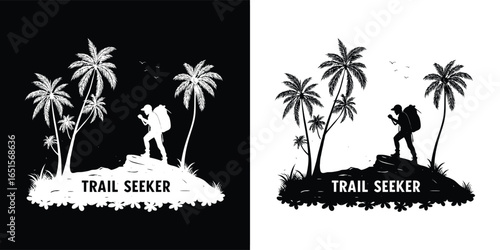 Silhouette of a hiker with a backpack on a mountain peak, symbolizing adventure and exploration, with the text trail seeker below