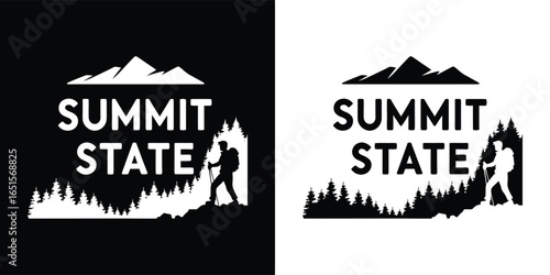 Summit state text with mountain range, forest, and hiker graphic design
