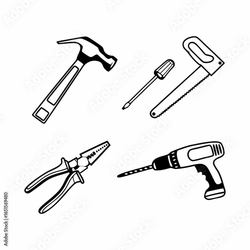 Essential construction tools including hammer, screwdriver, saw, pliers, and drill for building and repair projects, isolated on white background