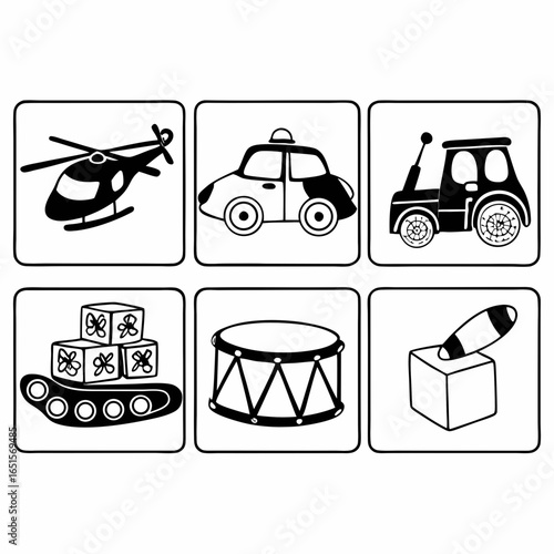 Collection of black and white toy icons isolated on white background featuring a helicopter, car, tractor, tank, drum and crayon