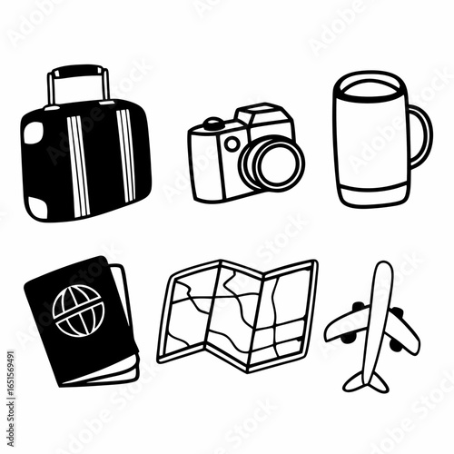 Handdrawn travel icons featuring luggage, camera, mug, passport, map, and airplane isolated on white background for tourism concept