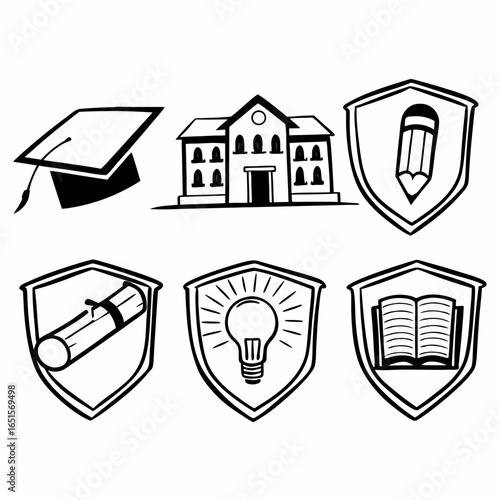 Education icons set isolated on white background featuring graduation cap, school building, shield with pencil, diploma, lightbulb, and book