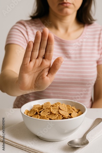 Young caucasian female rejecting bowl of cereal with hand gesture in kitchen setting