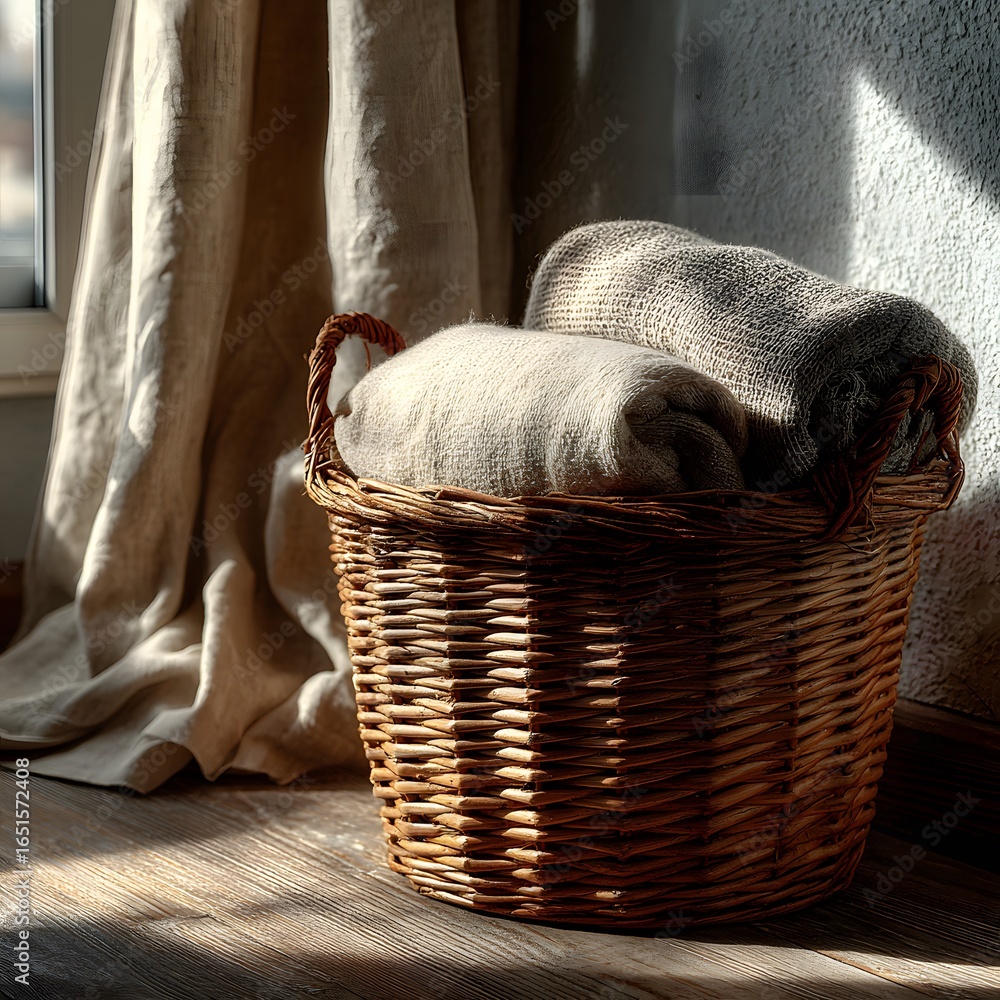 Obraz premium Bamboo basket filled with soft cozy linens high resolution picture