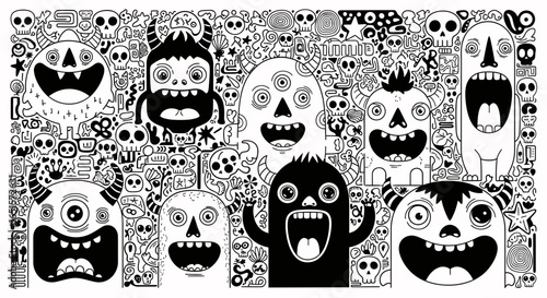A dense black and white doodle pattern featuring a crowd of whimsical, screaming cartoon monsters and skulls.