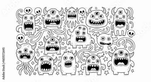 A whimsical collection of black and white cartoon monsters in a fun doodle pattern.