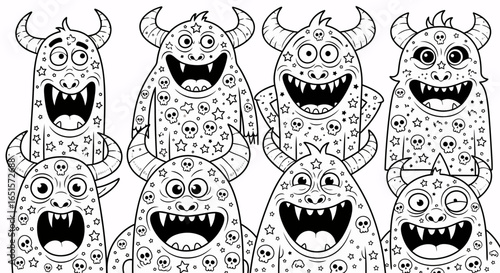 A black and white coloring page featuring a group of eight funny cartoon monsters with horns, sharp teeth, and silly expressions.