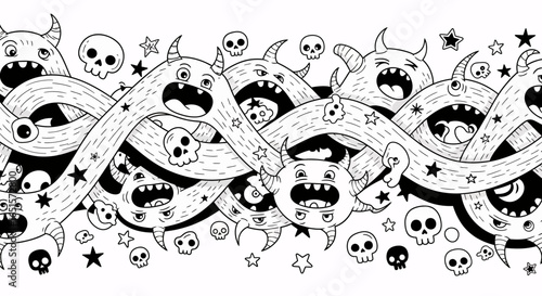 A chaotic seamless border of funny cartoon monsters, demons, and skulls in a black and white doodle style.