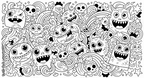 Whimsical monster doodles creating a fun, chaotic coloring page adventure, perfect for creative kids or adults seeking a playful artistic escape