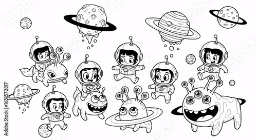 Whimsical cartoon astronauts and friendly aliens exploring outer space, perfect for children's books, coloring pages, and space-themed educational materials