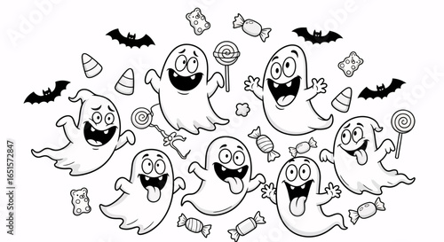 Spooky Halloween Fun Featuring Cartoon Ghosts, Bats, and Tasty Candy Treats - Perfect for Invitations, Decorations, and Festive Designs
