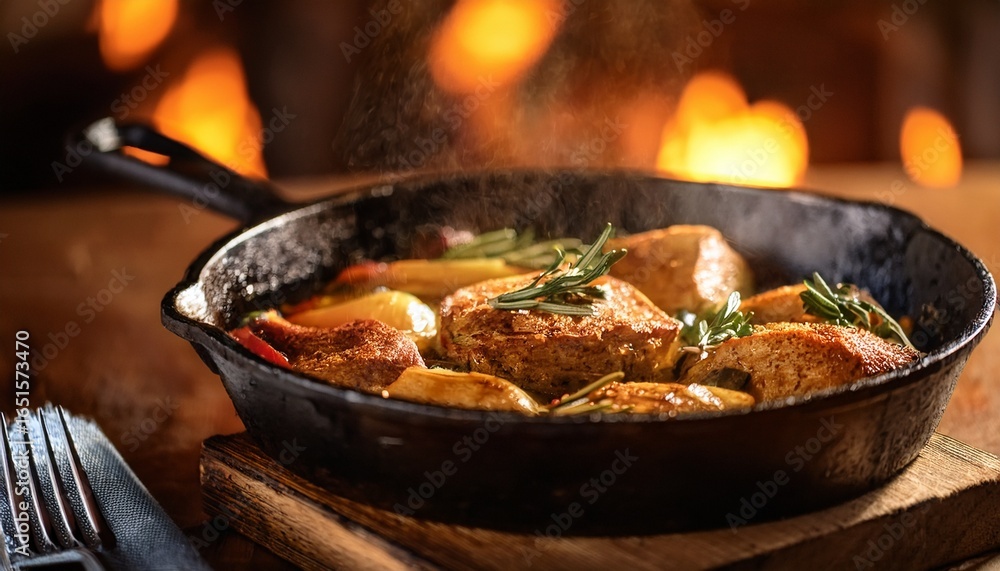 rustic kitchen warm lit cast iron skillet with perfectly browned dish ready to serve a mouthwatering meal rustic kitchen warm lit cast iron skillet with perfectly browned dish ready to serve a mouthwatering meal