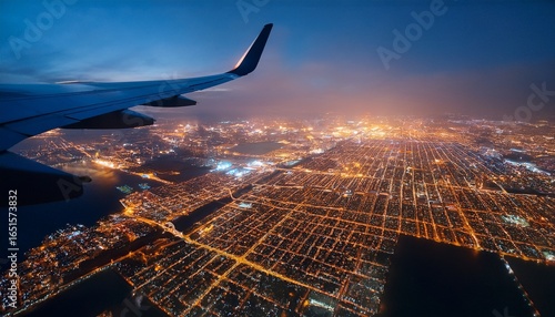 a view from a plane window overlooking a sprawling city lit up at night with the lights forming a glittering pattern below