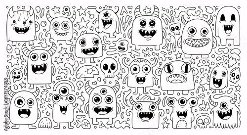Funny monster doodles for coloring books or creative projects, adorable cartoon monsters with horns and stars for kids' crafts and Halloween designs