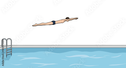 Illustrated swimmer in a streamlined diving pose, mid-air with arms outstretched.