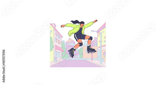 Energetic roller skater with a ponytail and lime green jacket performing a mid-air jump.