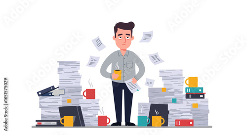 Overwhelmed Businessman Holding Coffee Amidst Piles of Paperwork
