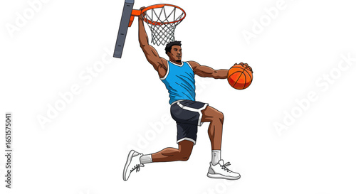 Athletic cartoon basketball player in a blue jersey hanging from the rim during a powerful slam dunk.