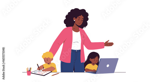 Caring Black mother with curly hair helping her son and daughter with creative and digital learning activities.