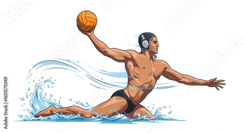 A dynamic cartoon illustration of a muscular water polo player wearing a number 1 cap, preparing to throw the ball amidst a splash of water.