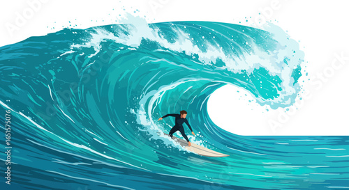 Vibrant illustrated male surfer in dark wetsuit riding a powerful turquoise ocean wave with white spray