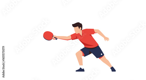 Faceless male table tennis player in a red shirt and blue shorts lunging for a forehand shot.