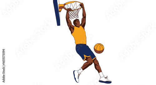 Athletic basketball player in a yellow and blue uniform hanging from the rim after a powerful slam dunk, vector illustration.