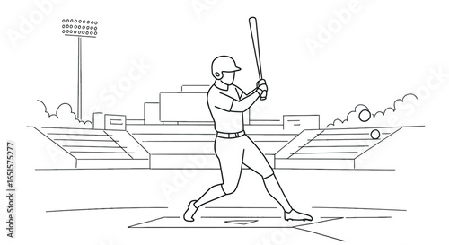 Faceless baseball player in uniform swinging a bat, minimalist line art illustration.
