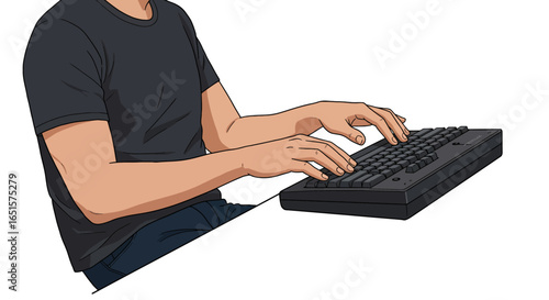 Illustrated side view of a person in a dark grey t-shirt typing on a black keyboard.