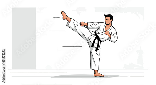 Dynamic illustration of a martial artist in a white gi and black belt executing a high kick.