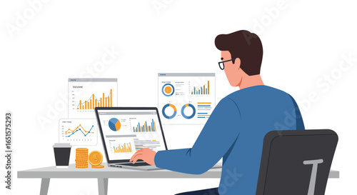 Businessman in a blue shirt analyzing financial data, charts, and graphs on a laptop screen at his desk.